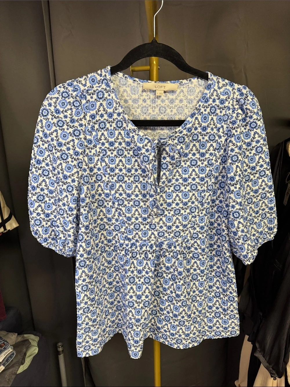LOFT White and Blue Floral Tie-Neck Peasant Blouse